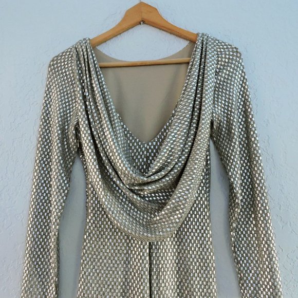 Eliza J gorgeous gown dress silver beige metallic drape back ruched side - Picture 4 of 10